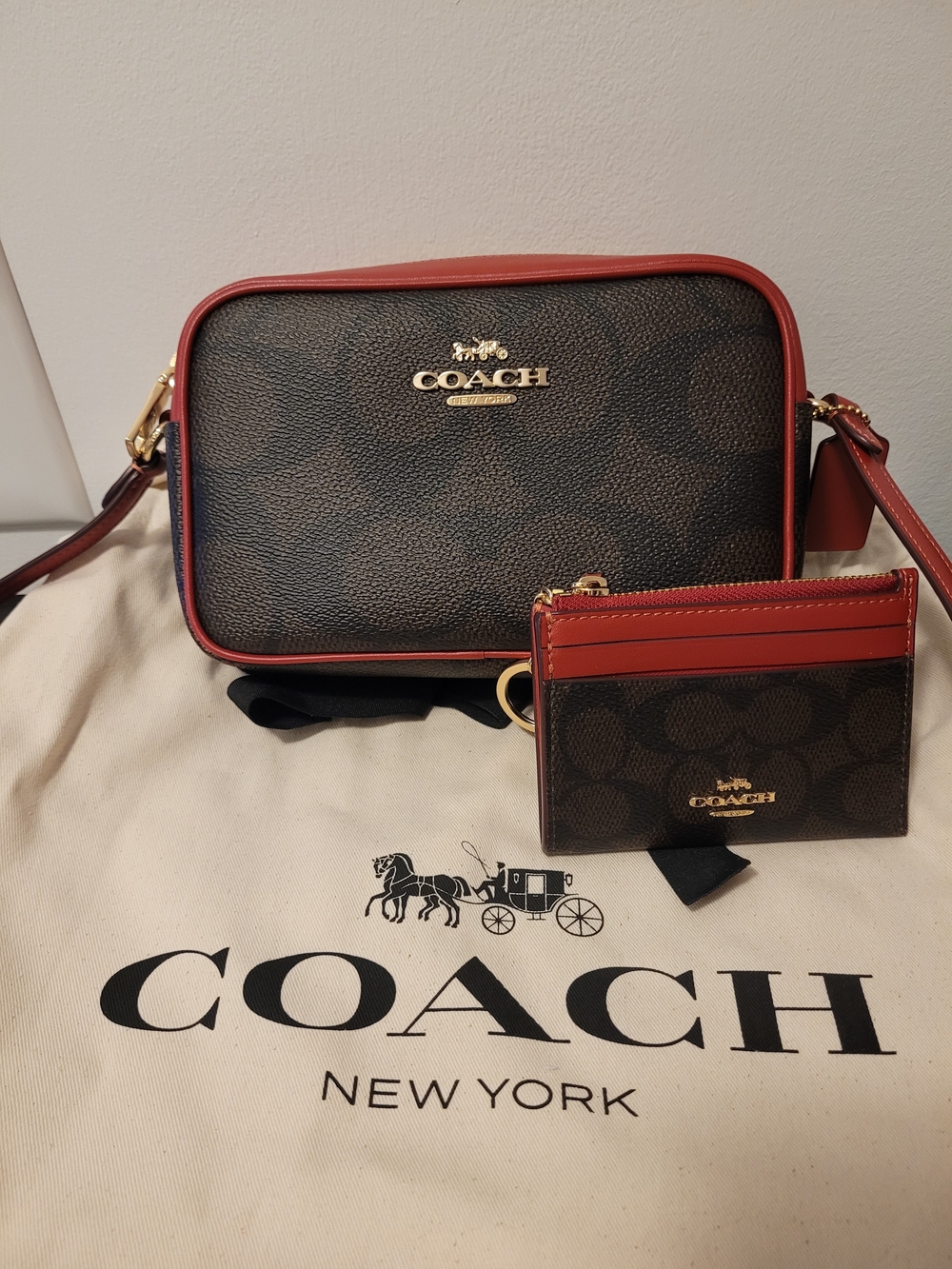 Coach Brown Signature  Crossbody with Red Trim and Card Case